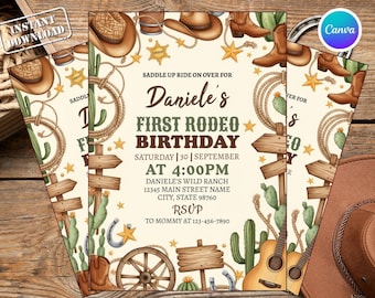 First Rodeo Birthday Invitation | My 1st Rodeo Cowboy & Cowgirl Invite | Editable Canva Template | Western Rodeo Party Printable