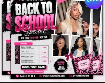 Flyer voor de start van het schooljaar, Flyer voor schoolboekingen, Bewerkbare Canva-flyer voor de schoolaanbieding, Flyer voor schoolkapsels, Canva-sjabloon voor pruiken