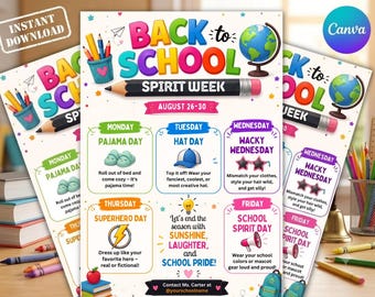 Folleto de la Semana del Espíritu Escolar de Regreso a Clases, Horario de la Asociación de Padres y Maestros (PTO) de la Escuela en agosto, Itinerario Semanal, PTA de la Escuela, Editable en Canva, Boletín Informativo del Aula, Eventos