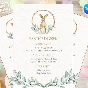 Może przedstawiać: Menu obiadu wielkanocnego z ilustracją królika i jajek. Menu zawiera przystawki, dania główne i desery. Widoczne są również słowa "Natychmiastowe pobieranie" i "Canva".