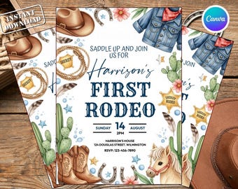 First Rodeo Birthday Invitation Template | My 1st Rodeo Cowboy Cowgirl Invite | Editable Canva First Birthday Party | Western Rodeo Invite