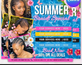 Summer Braid Flyer, Editable Canva Summer Sale Flyer, Braid Prices Flyer, Braids Sale Flyer, Hair Flyer, Braids Special Flyer Template