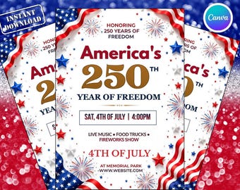 250e verjaardagsuitnodiging Amerika, USA patriottische 4 juli feestuitnodiging, uitnodiging voor Independence Day, bewerkbare canvassjabloon