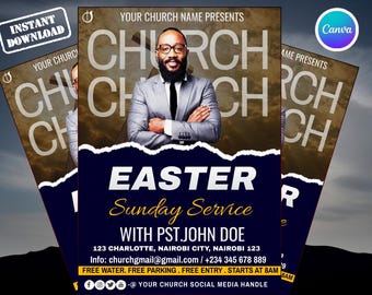 Easter Sunday Service Flyer Template | Editable Church Invitation Canva | Resurrection Sunday Worship Poster | He Is Risen Digital Download