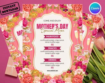 Mother’s Day Menu Template, Canva Editable, Mothers Day Party Invite, Mother's Day Lunch Invite, Floral Mother's Day Brunch Invitation Card