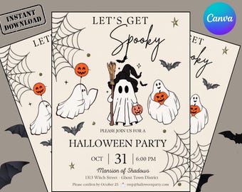 Digitale Halloween-uitnodiging, sjabloon voor een Halloween-uitnodiging, printbare uitnodiging, 'Let's Make Spooky', spookfeest, 'Trick or Treat'-sjabloon (Canva-sjabloon)