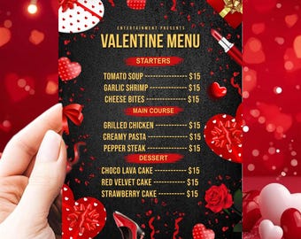 Editable Valentine’s Day Menu Template | Romantic Hearts Dinner Party Menu | Canva Printable Menu, Valentine Dinner, Instant Download