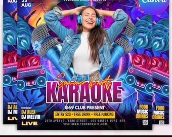 Summer Party Invitation Canva Template, Editable Summer Karaoke Party Invite, Pool Party Flyer, BBQ Bash Invite, Digital Download