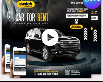 Editable Canva Car Rent Flyer, Editable Car Rental Service Design, DIY Auto Rental Agency Poster Template, Auto Rent Post For Social Media