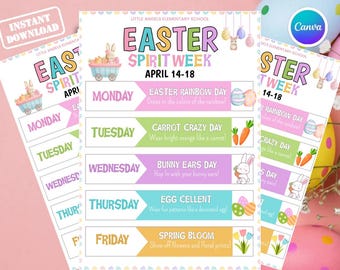 Editable Easter Spirit Week Flyer Template | Spring School Dress Up Days Schedule | April Spirit Week Canva Template | PTO PTA Event Flyer