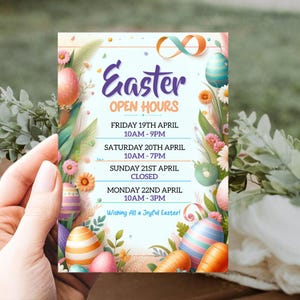 Puede incluir: Una colorida tarjeta con temática de Pascua con la palabra "Easter" en escritura púrpura. La tarjeta muestra el horario de apertura para las vacaciones, decorada con huevos de Pascua, zanahorias y flores. También se incluye el texto "Wishing All a Joyful Easter!"