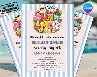 Hello Summer Party Invitation Template, Editable Canva Summer Break Party Invite, Last Day of School, Neighborhood Party, Pool Party Flyer