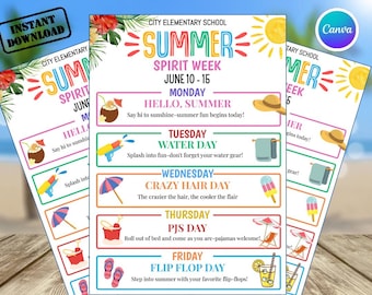 Flyersjabloon Summer Spirit Week, Canva bewerkbaar schema School Spirit Week, Flyer Camp & Daycare Evenementen, PTO PTA Flyer Zomeractiviteit