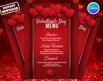 Editable Valentine’s Day Menu Template | Canva Printable Dinner Menu | Romantic Hearts Valentine Party Menu, Instant Digital Download
