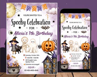 Halloween verjaardagskaart, griezelige pompoen-spookfeestuitnodiging, printbare kinderverjaardagskaart, bewerkbare Canva kinderverjaardagssjabloon
