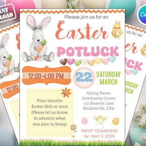 Op de afbeelding: Uitnodiging voor een paas-potluck met illustraties van een konijn met een wortel en een kuiken. De uitnodiging bevat de tekst "Easter Potluck", datum, tijd en locatie. Het ontwerp is in pastelkleuren.
