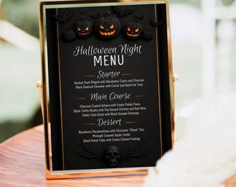 Halloweenmenu, bewerkbare Canva Halloweenmenusjabloon, printbaar feestmenu, Halloweenfeestdinerbord, griezelig spookdinermenu