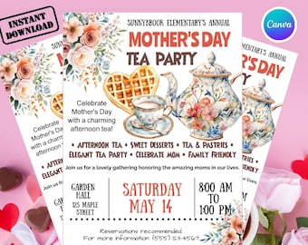 Mother's Day Tea Party Invitation Template, Editable Mothers Day Brunch Invite, Printable Floral High Tea For Mom flyer, Instant Download