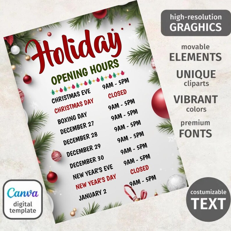 Holiday Hours Example Editable Holidays Hours Sign Canva Template, Christmas Store Hours Sign ...