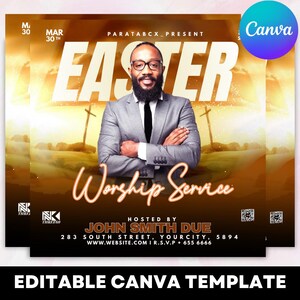 Peut inclure: Flyer sur le thème de Pâques avec un homme en costume gris, des lunettes et une cravate noire. Le mot "EASTER" est mis en évidence, ainsi que "Worship Service". Le flyer comprend le texte "Hosted by John Smith Due" et des coordonnées. Le logo Canva est visible.