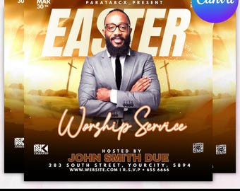 Easter Worship Service Invitation Template | Editable Church Easter Sunday Flyer Canva | Resurrection Sunday Church Invite Digital Download
