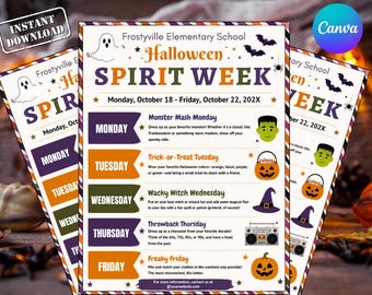 Flyer sjabloon voor Halloween Spirit Week | Bewerkbare Halloween Spirit Week voor scholen | Verkleeddag voor de basisschool (PTO/PTA) in de herfst | Bewerkbaar op Canva