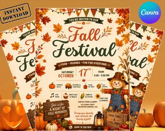 Flyer voor een herfstfestival, bewerkbare Canva-uitnodiging voor een herfstfeest met pompoenen, herfstfeest, direct te downloaden voor school- of oudervereniging