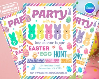 Easter egg Hunt Invitation, Party with my Peeps, Easter Bunny Invite, Gold Easter Egg, Easter Party Invite, Editable Canva, Instant Download