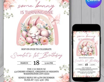 Some Bunny Is One Birthday Invitation | Pink Floral Bunny 1st Birthday Girl Invite | Coquette Rabbit Party Canva Editable Template | Any Age