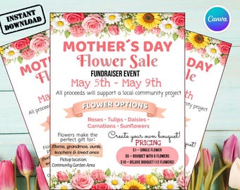 Mother's Day Flower Sale Fundraiser Template | Editable PTO Flower Sale Fundraiser Flyer | PTO PTA Spring Fundraiser Booster |Canva Editable