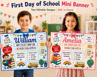 Minibanner voor de eerste schooldag, fotoprop voor de eerste schooldag, twee unieke ontwerpen, bewerkbare Canva-sjabloon, printbare regenboogbanner voor school