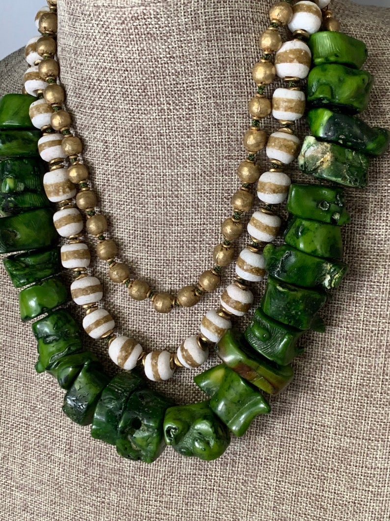 Ethiopian beads necklace Green Coral necklace bold and beautiful necklace. Triple strand necklace