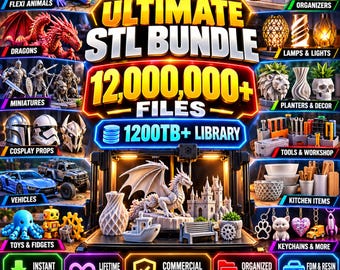 May include: A digital advertisement for a MakerVault 3D Ultimate STL Bundle featuring over 12,000,000 files and a 1200TB library. The image displays various 3D printed models including dragons, vehicles, cosplay props, and home decor items.