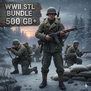 May include: Digital illustration of soldiers in WWII uniforms, holding rifles, in a snowy forest setting. The image includes the text "WWII STL BUNDLE 500 GB+" on a wooden sign.