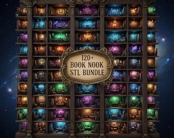 May include: A detailed illustration of a large, ornate bookshelf filled with miniature, illuminated rooms. The rooms are lit with various colors, including purple, green, and orange. A sign in the center reads "120+ BOOK NOOK STL BUNDLE". The background is a starry night.
