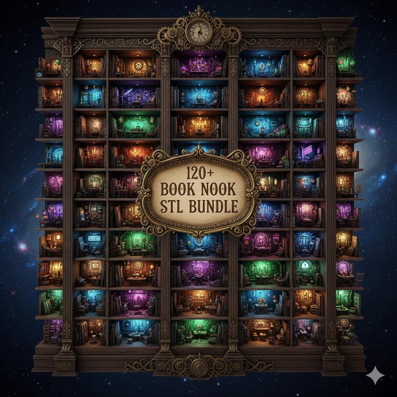 May include: A detailed illustration of a large, ornate bookshelf filled with miniature, illuminated rooms. The rooms are lit with various colors, including purple, green, and orange. A sign in the center reads "120+ BOOK NOOK STL BUNDLE". The background is a starry night.