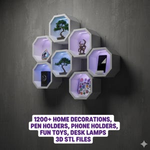May include: A modern, geometric wall shelf unit with seven hexagonal compartments, each illuminated with a soft glow. The shelves display miniature bonsai trees, decorative objects, and a smartphone. Text at the bottom reads "1200+ HOME DECORATIONS, PEN HOLDERS, PHONE HOLDERS, FUN TOYS, DESK LAMPS, 3D STL FILES."