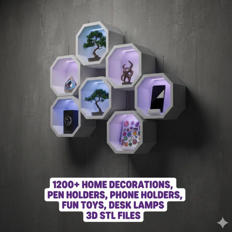 May include: A modern, geometric wall shelf unit with seven hexagonal compartments, each illuminated with a soft glow. The shelves display miniature bonsai trees, decorative objects, and a smartphone. Text at the bottom reads "1200+ HOME DECORATIONS, PEN HOLDERS, PHONE HOLDERS, FUN TOYS, DESK LAMPS, 3D STL FILES."