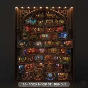 May include: A detailed, multi-level book nook display with miniature rooms, each illuminated and furnished. The wooden frame has an arched top and is lit with small lights. Text at the bottom reads "120+ BOOK NOOK STL BUNDLE".