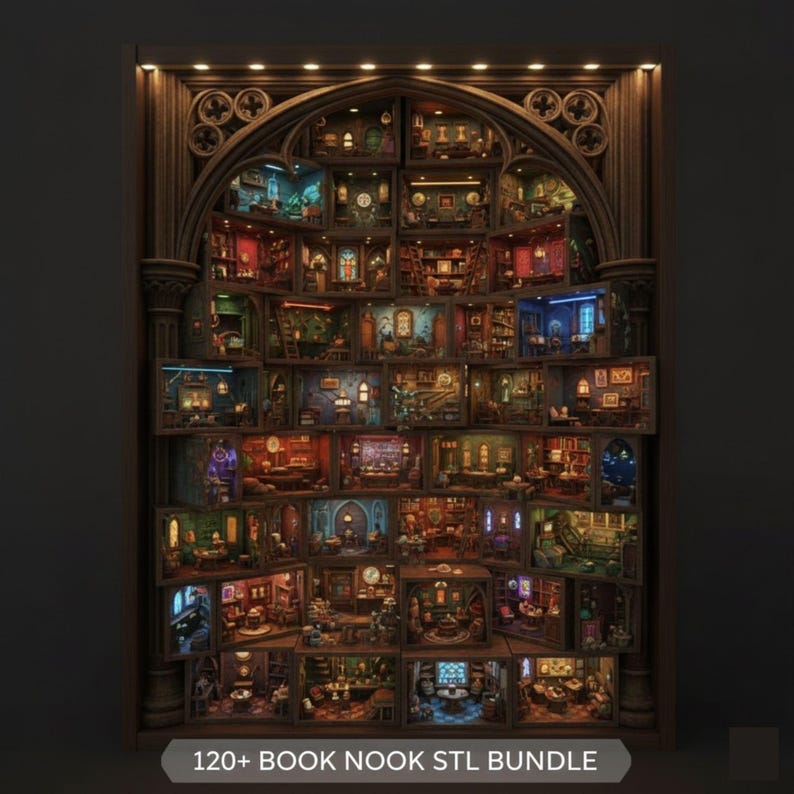 May include: A detailed, multi-level book nook display with miniature rooms, each illuminated and furnished. The wooden frame has an arched top and is lit with small lights. Text at the bottom reads "120+ BOOK NOOK STL BUNDLE".