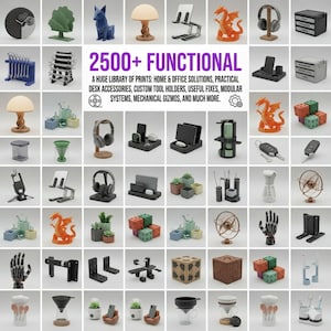 Puede incluir: Una cuadrícula de artículos impresos en 3D, que incluyen organizadores de escritorio, soportes para teléfonos y objetos decorativos. La imagen presenta una variedad de colores y diseños, con el texto "2500+ FUNCTIONAL" y descripciones de productos.