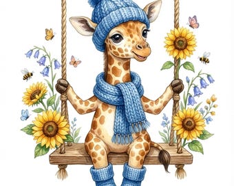 May include: A whimsical illustration of a giraffe wearing a blue knit hat, scarf, and boots, sitting on a wooden swing. The giraffe is surrounded by sunflowers, bluebells, butterflies, and bees, creating a cheerful, nature-themed scene.
