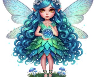 May include: A digital illustration of a fairy with teal hair, wings, and a leaf-like dress. She holds a glowing orb. The fairy is adorned with a flower crown and stands on grass with blue mushrooms.