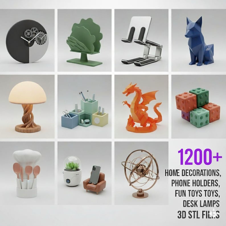 May include: A collection of 3D-printed home decor items, including a clock, tree-shaped napkin holder, phone stand, fox figurine, lamp, desk organizers, dragon, dice, chef hat with utensils, terrarium, phone on a chair, and a decorative sphere. Text reads "1200+ HOME DECORATIONS, PHONE HOLDERS, FUN TOYS TOYS, DESK LAMPS, 3D STL FILES."