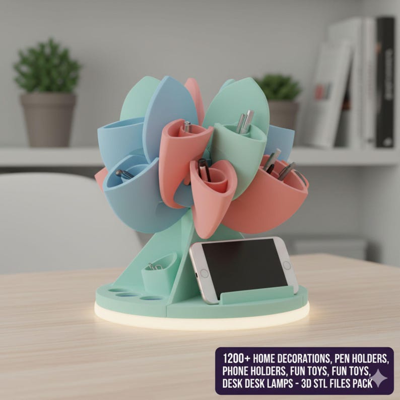May include: A multi-colored desk organizer with pen holders, a phone holder, and a built-in lamp. The organizer is in shades of blue, pink, and green. The base has a slot for a phone and a circular area for pens. Text on the image: 1200+ HOME DECORATIONS, PEN HOLDERS, PHONE HOLDERS, FUN TOYS, DESK DESK LAMPS - 3D STL FILES PACK.