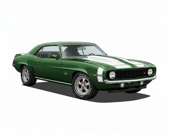 May include: A green classic muscle car with white racing stripes. The vintage vehicle has chrome accents, silver wheels, and black tires. The car is set against a white background, showcasing its design.