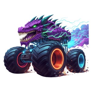 Può includere: Un monster truck viola con un design a testa di drago. Il camion ha grandi pneumatici neri con cerchi arancioni e blu. Fulmini e una nuvola di fumo emanano dal camion, suggerendo velocità e potenza.
