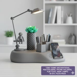 May include: A gray desk organizer with a built-in lamp, pen holders, and a phone stand. It features a small figurine, a decorative succulent, and a phone displaying the time. The text on the image reads "1200+ HOME DECORATIONS, PEN HOLDERS, PHONE HOLDERS, FUN TOYS, DESK LAMPS - 3D STL FILES PACK."