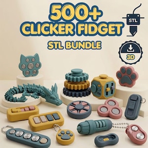 Può includere: Una collezione di fidget toy stampati in 3D in tonalità blu, giallo e rosa, tra cui un drago, impronte di zampe, ingranaggi e clicker. Il testo in alto recita 500+ CLICKER FIDGET STL BUNDLE con icone di download 3D.