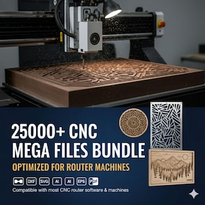 Könnte beinhalten: Eine CNC-Fräsmaschine, die ein detailliertes Design in eine dunkelbraune Holzplatte fräst. Das Bild enthält den Text "25000+ CNC MEGA FILES BUNDLE" und Beispieldesigns. Kompatibel mit den meisten CNC-Router-Software und -Maschinen.